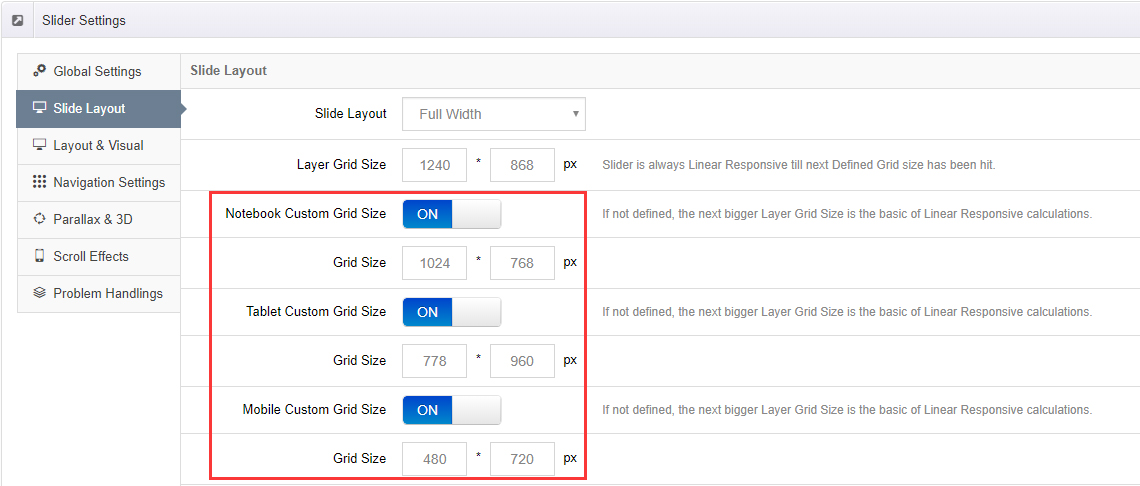 Slider layout settings
