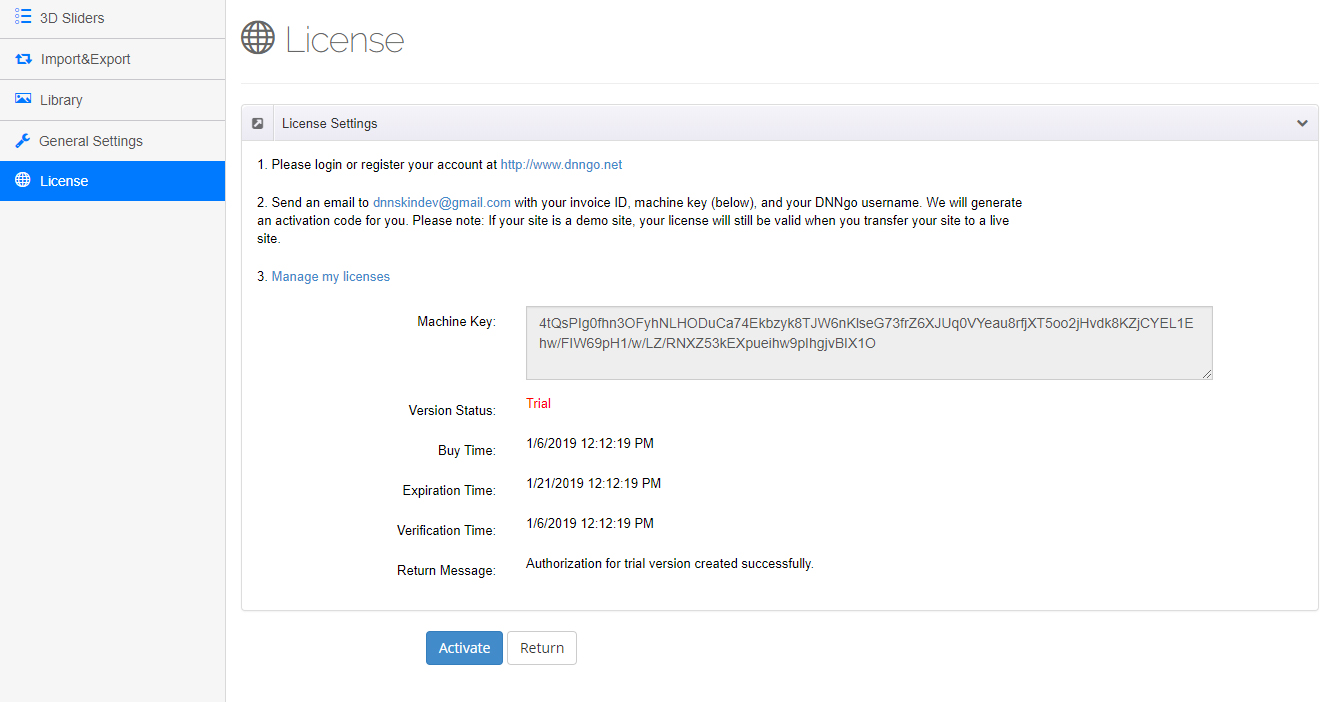 License settings page