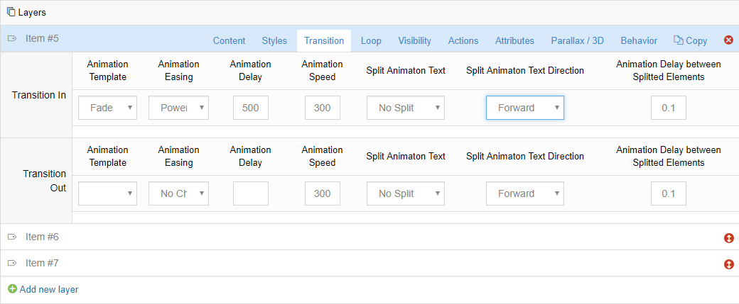Layer animation settings