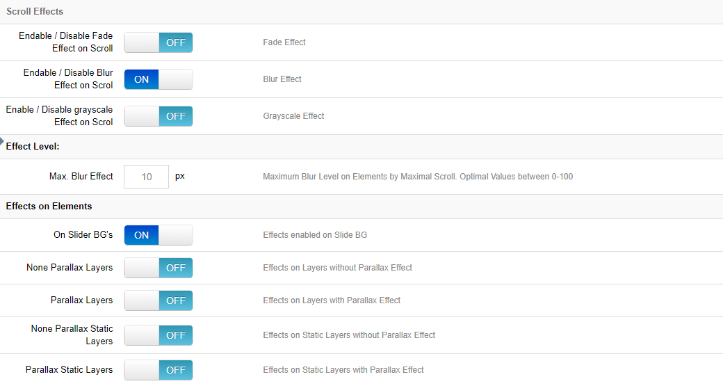 Scroll effect settings