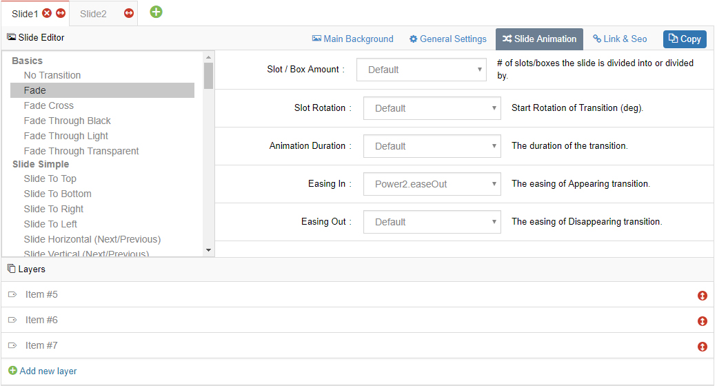 Slide animation settings