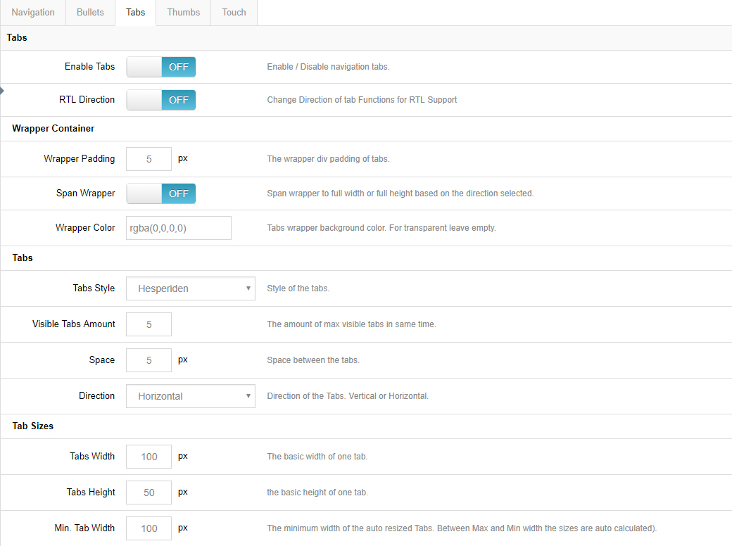 Tabs and thumbs settings