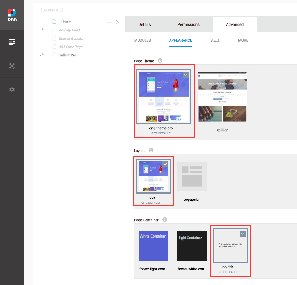 Set the page Theme / Layout / Container