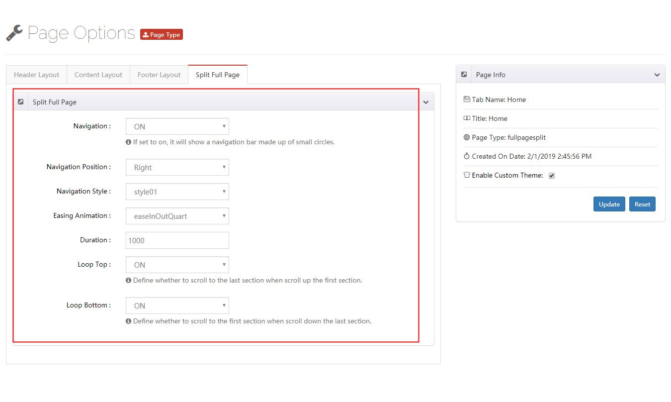 Split Full Page settings