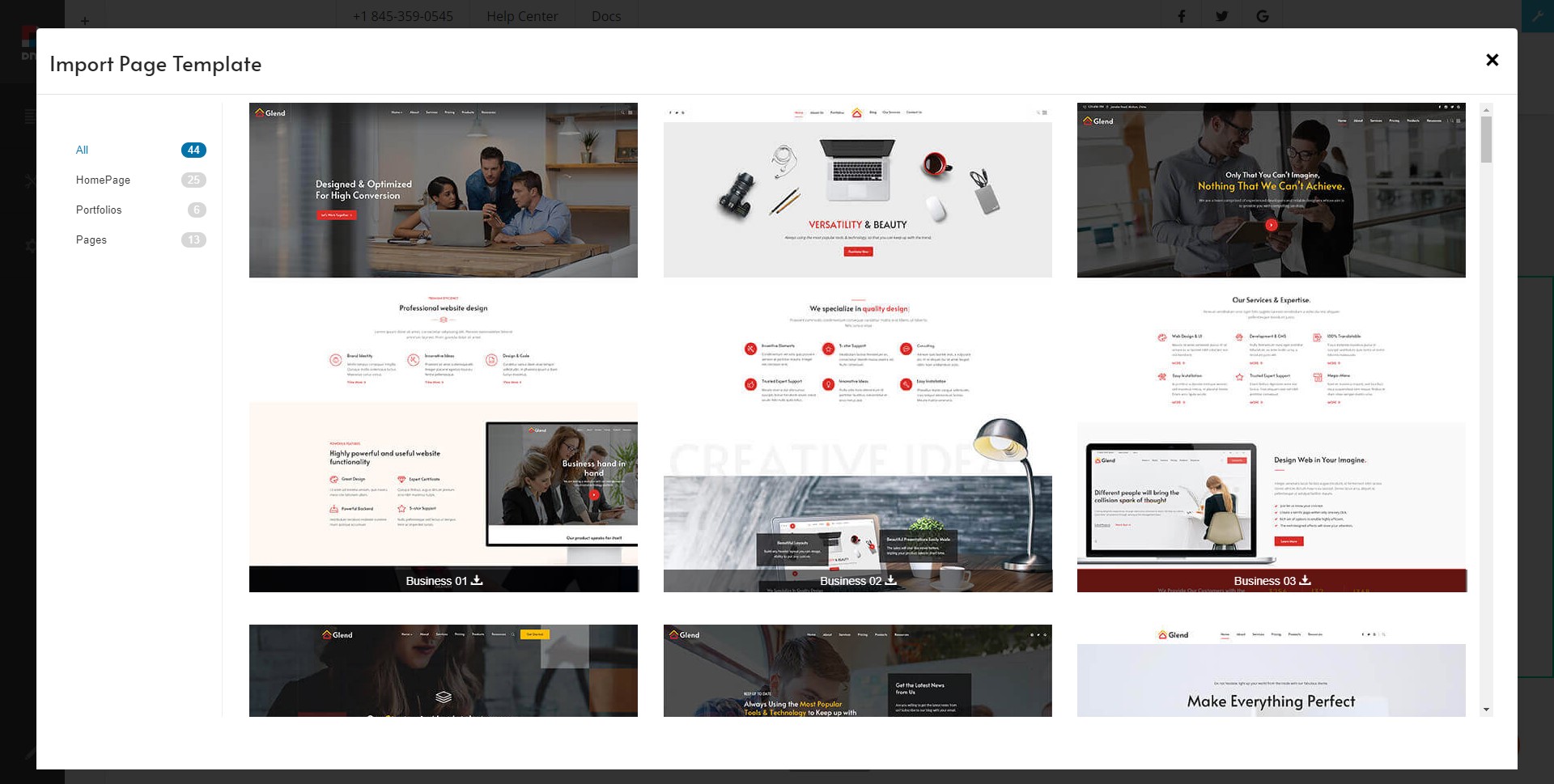 Import Page Template window