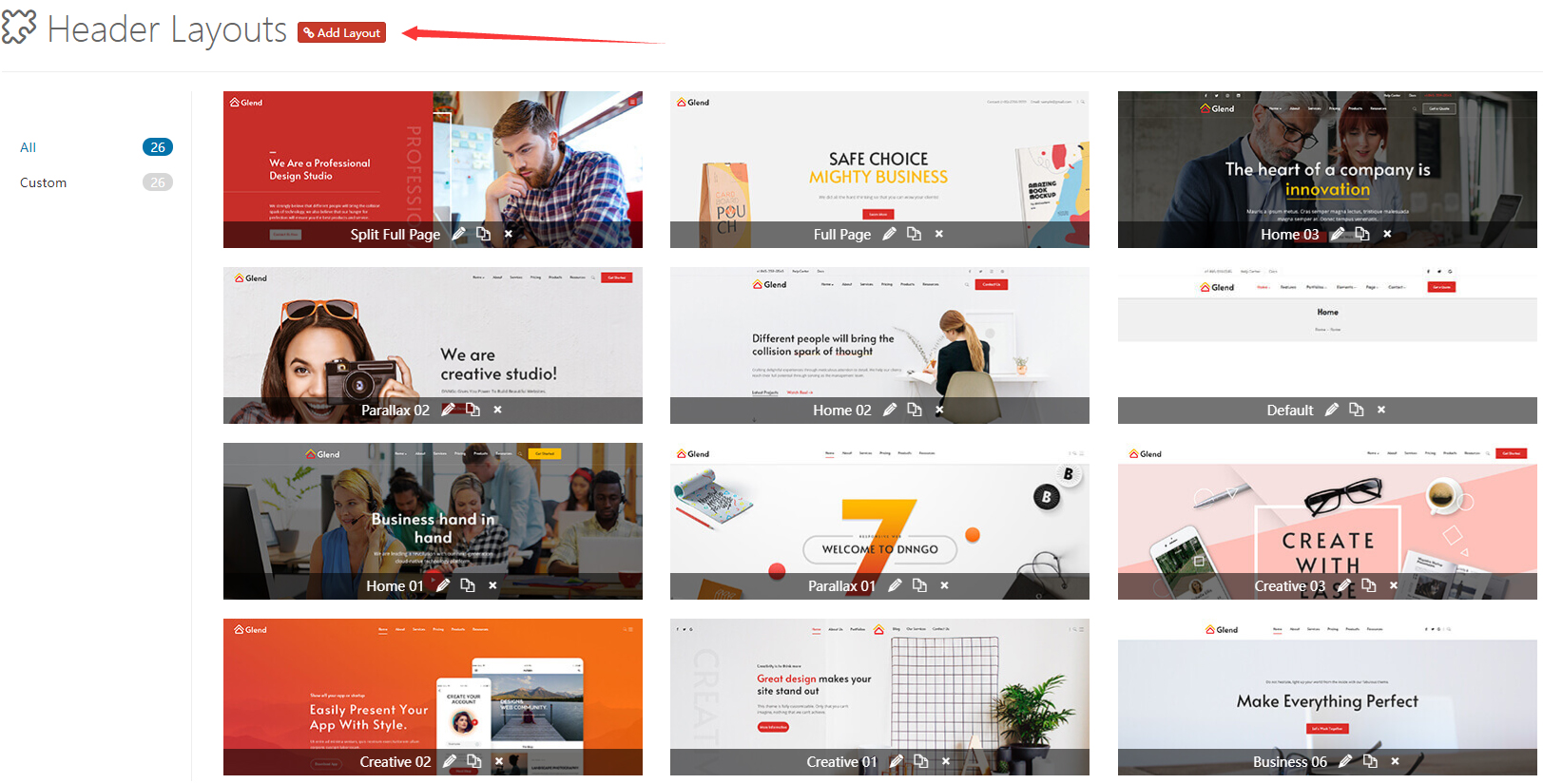Header Layouts admin