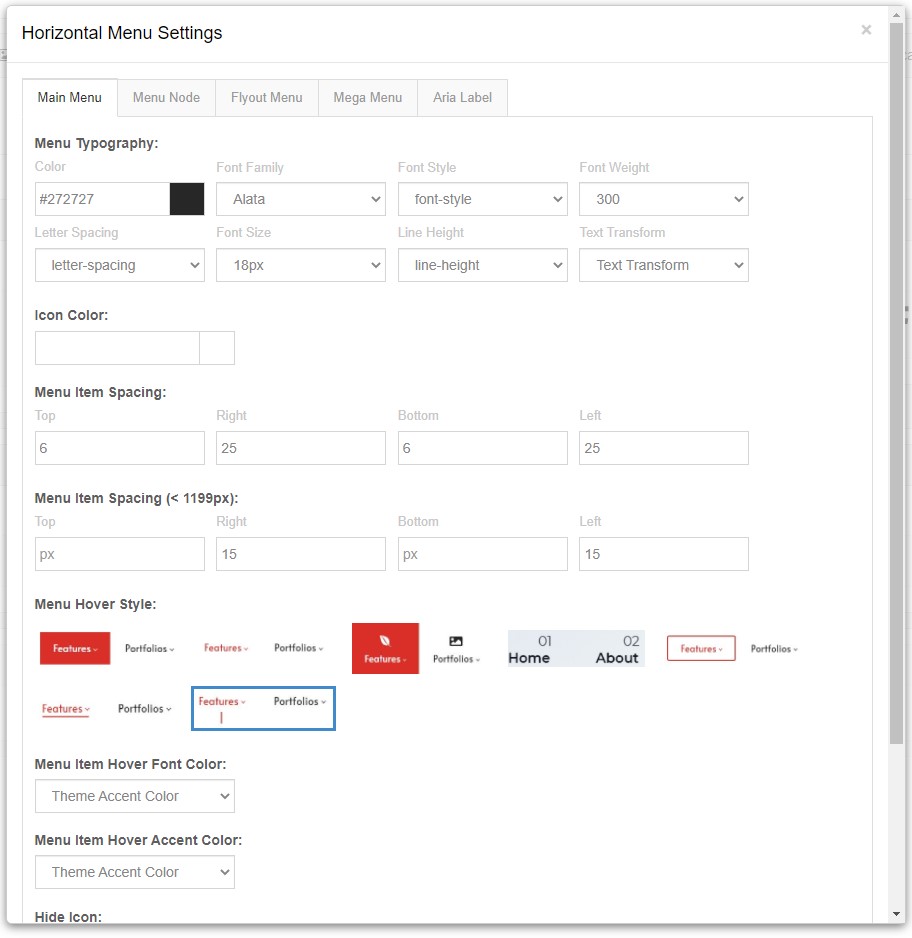 Horizontal Menu settings