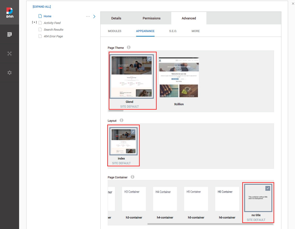 Set the page Theme/Layout/Container