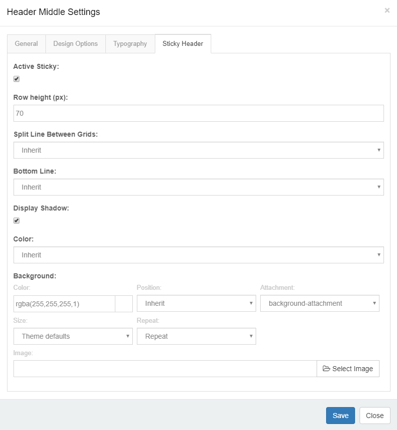 Sticky Header settings