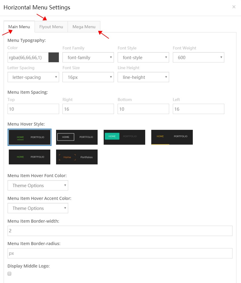 Horizontal Menu settings