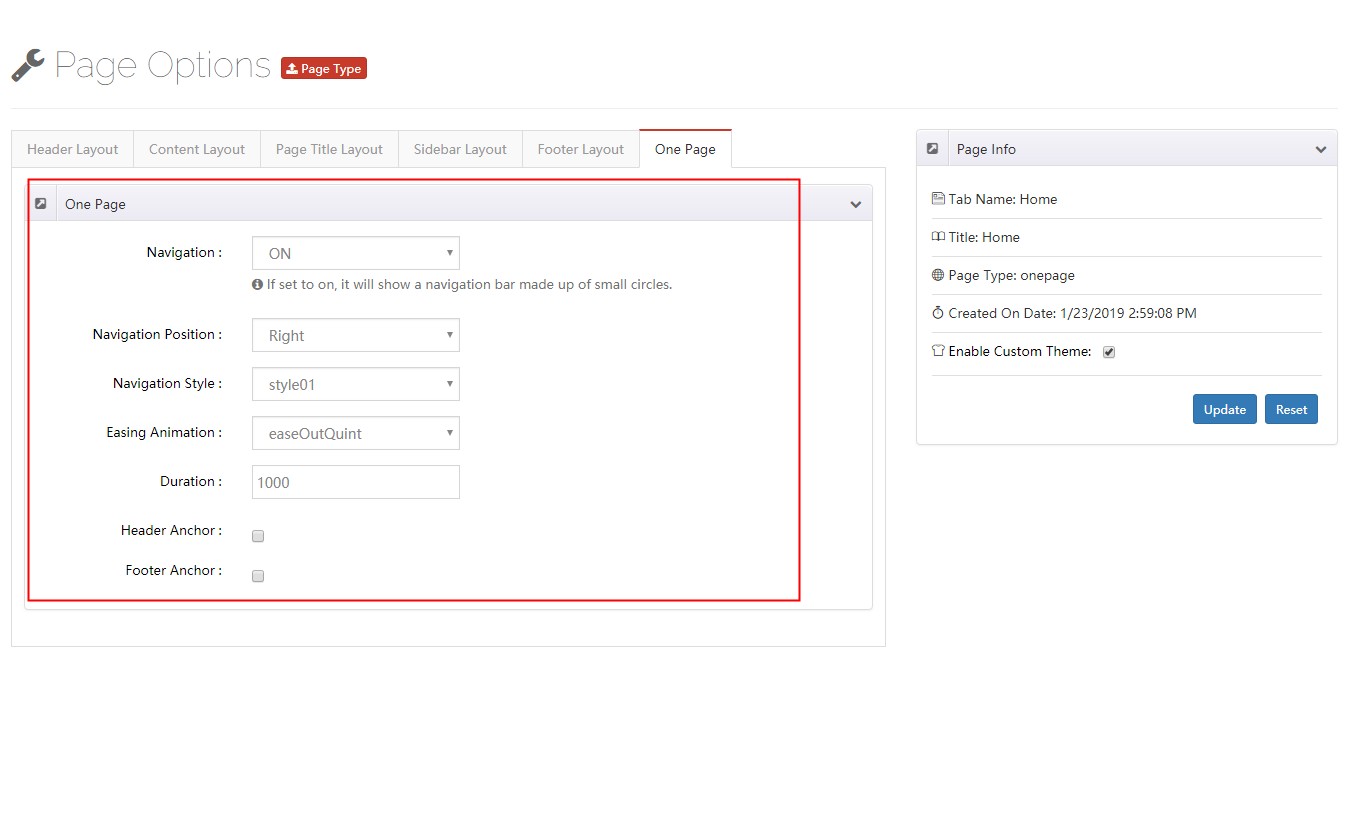 One Page settings