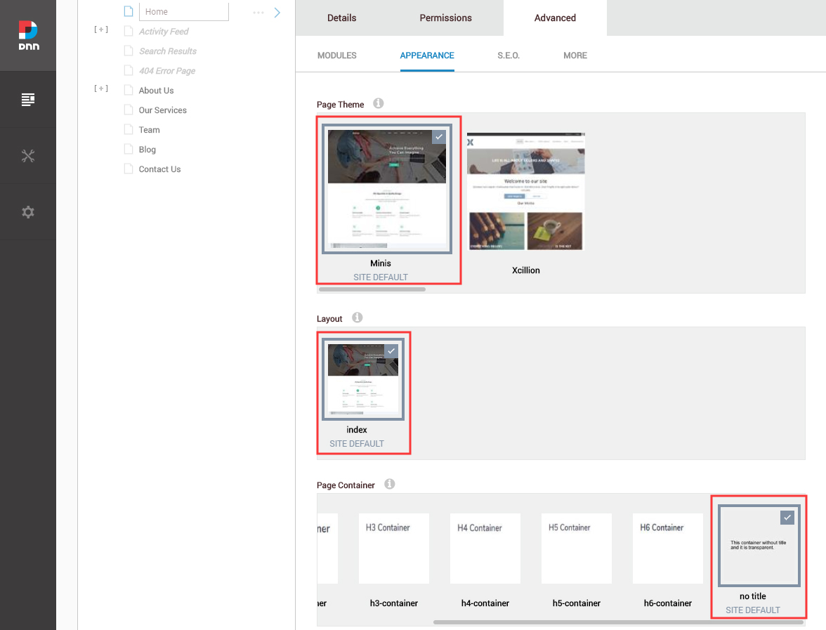 Set the page Theme/Layout/Container