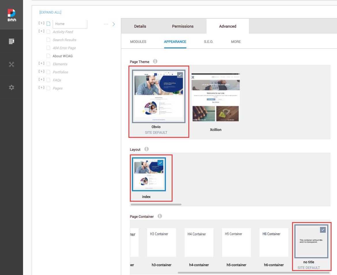 Set the page Theme/Layout/Container