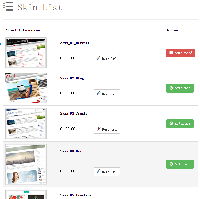 Skin list